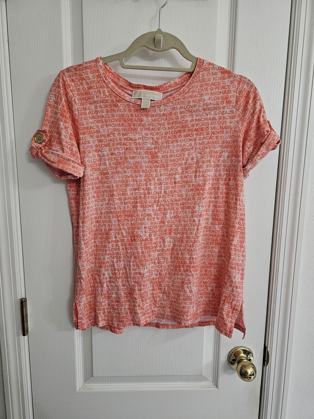 Michael Kors Coral Logo-Print Short Sleeve Tee with Rolled Sleeves